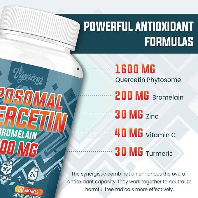 Liposomal Quercetin Phytosome Quercetin with Bromelain Zinc &amp Vitamin C Bioactive Phytosome Complex 20X Higher Absorption - 60 Softgels