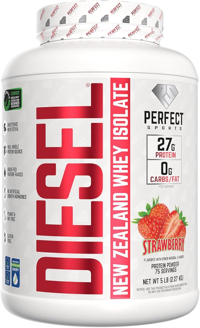 PERFECT SPORTS Diesel 100% New Zealand Whey Protein Isolate | Stevia Sweetened No Artificial Ingredients Keto | 0g Carb 0g Fat 27g Protein | 5 Pounds (Strawberry)