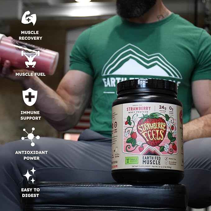 Earth Fed Muscle Strawberry Feels (Forever) – Irish Truly Grass‑Fed Whey Protein Isolate No Sugar Soy‑Free Gluten‑Free (2 lb 29 Servings Strawberry)