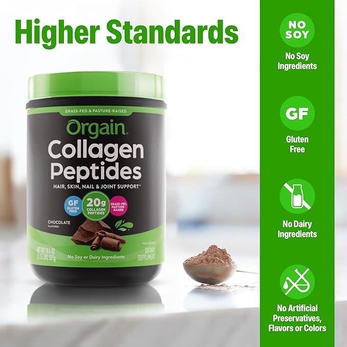 Orgain Hydrolyzed Collagen Peptides Powder For Women &amp Men Chocolate 20g Grass Fed Collagen - Hair Skin Nail &amp Joint Support Supplement Paleo &amp Keto Non-GMO Type I and III 1lb