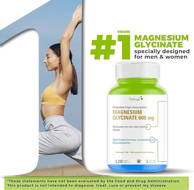 Magnesium Glycinate Supplement 600mg for Men Women | High Absorption Chelated Form for Healthy Muscles Nerves -Vegetable 120 Capsules