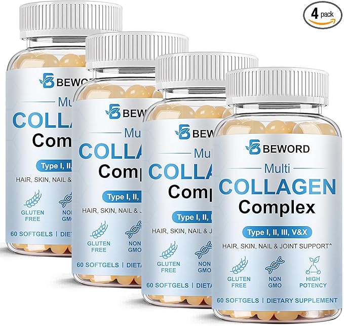 Multi Collagen Softgels for Women &amp Men 240 Capsules - Type IIIIIIVX Hydrolyzed Collagen w/Vitamin C &amp Hyaluronic Acid - Supports Skin Hair Nails Joints - Grass-Fed Non-GMO4 Pack