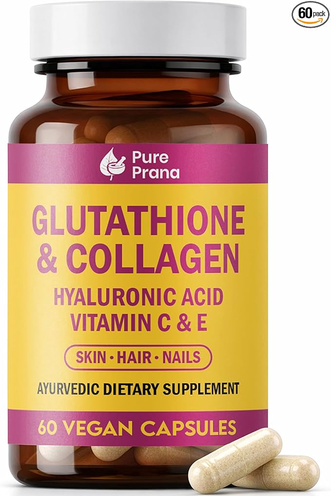Pure Prana Glutathione &amp Vegan Collagen Builder Capsules with Hyaluronic Acid Vitamin C E Turmeric &amp Black Pepper - Plant Based Formula for Daily Skin &amp Hair Nail Care Support - 60 Caps
