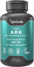 Naturalis Vegan Vitamin ADK with 50mg Tocotrienol and CoQ-10 | Nano-Emulsified in EVOO for Better Absoprtion | Non-GMO Soy Free and Vegan Society Certified | 60 Veggie Softgels (Carrageenan Free)