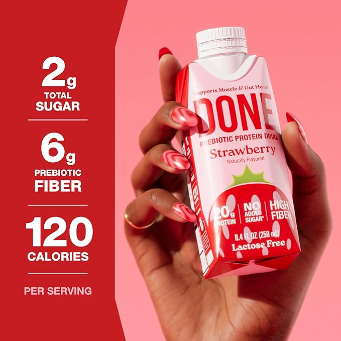 Done Prebiotic Protein Drink Strawberry 20G Whey Protein High Fiber Protein Shake With Prebiotics Gluten Free Lactose Free No Added Sugar Natural Flavor Non GMO 8.4 FL Oz Each 15 Pack