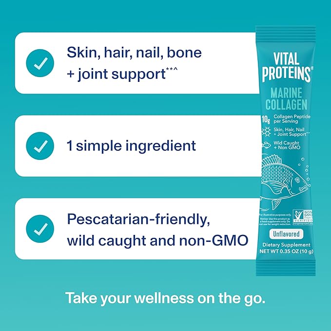 Vital Proteins Marine Collagen Wild-Caught Non-GMO Project Verified Unflavored Stick Packs (10g) (Box of 20)