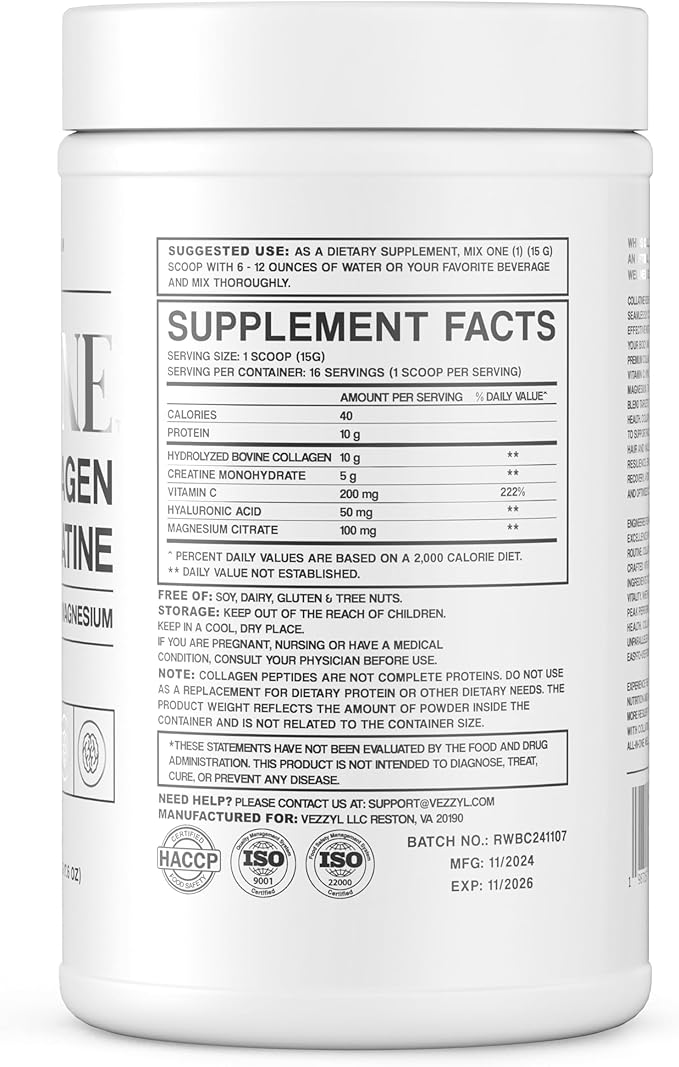 Collatine - Premium Collagen Peptides + Creatine with Vitamin C Hyaluronic Acid and Magnesium for Skin Hair Nails Bone &amp Joint Muscle Immune and Cognitive Aid (1.1 LB (500 G/17.6 OZ)