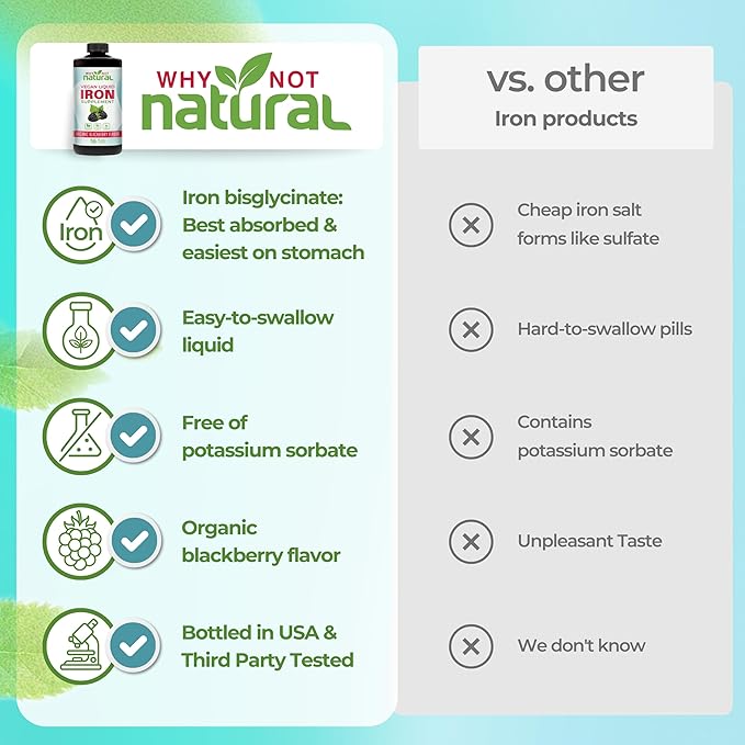 Why Not Natural Liquid Iron Supplement for Women Men and Kids Vegan Formulation for Anemia Sugar Free Vegan Non-GMO Organic BlackBerry Flavor 16 Fl Oz
