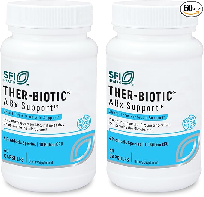 Klaire Labs SFI Health ABX Support Probiotic - 10 Billion CFU Supplement for Support During Antibiotic Therapy Hypoallergenic &amp Non-Dairy (60 Capsules 2 Pack)