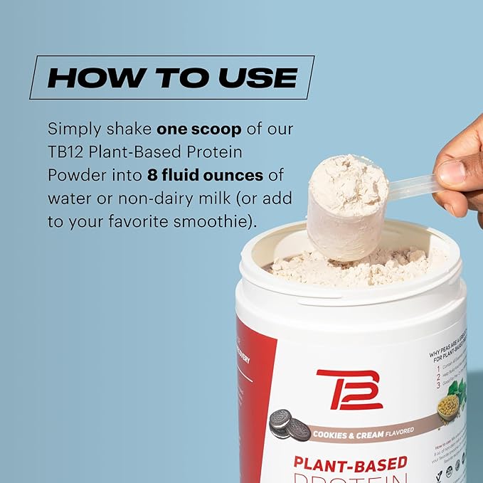 TB12 Plant Based Protein Powder by Tom Brady 24g of Vegan Pea Protein Low Sugar Low Carb Non-GMO Meal Replacement Keto Friendly Paleo Sugar Free Cookies and Cream Flavor (30 Servings)