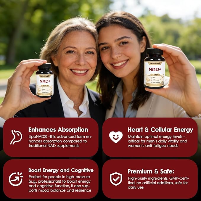 NAD+ Supplement with LipoNAD® 600mg Trans-Resveratrol 250mg Ashwagandha 200mg &amp CoQ10 50mg High Bioavailability Cellular Health &amp Anti-Aging Support for Men &amp Women