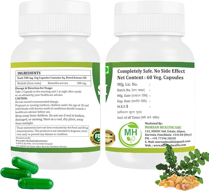 Morsan's Shallaki (Boswellia serrata) Capsules Pack of 2 x 60 x 500 mg. Veg. Capsules (2) Pure and Natural