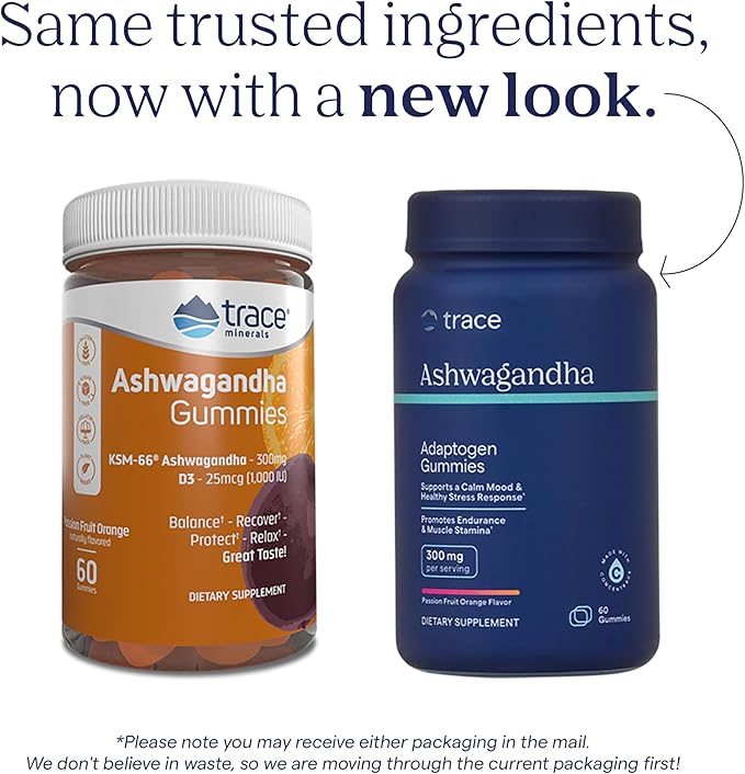 Trace Minerals Ashwagandha - Ashwagandha Gummies for Supporting A Healthy Mindset - Calming Supplement - Better Sleep - Immune System &amp Energy Support - Passion Fruit Orange - 60 Count (30 Serving