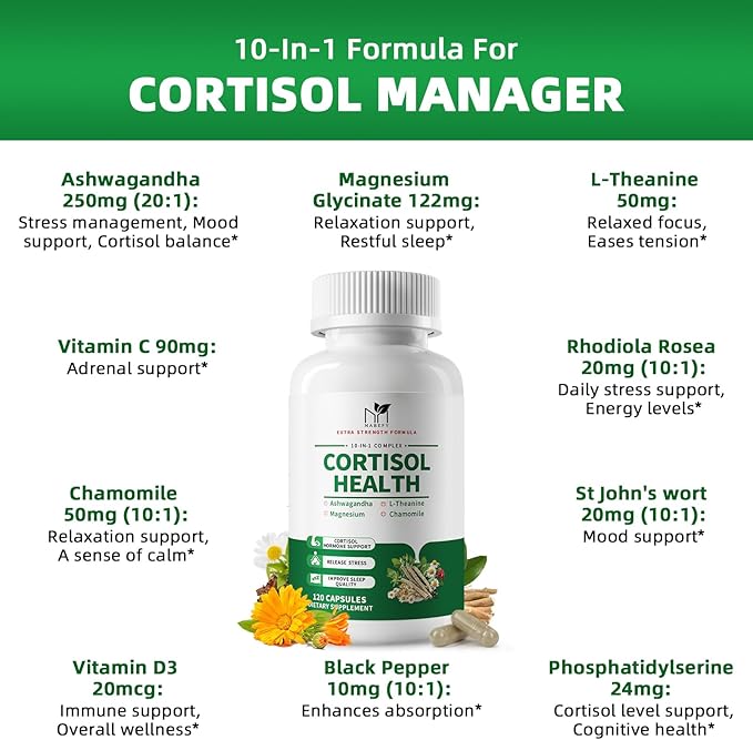 Cortisol Supplements for Women/Men - 10 in 1 Cortisol Manager Reducer Lower Detox Balance with Magnesium Ashwagandha L-Theanine for Stress Sleep Calm Mood Support - 120 Capsules for 60 Days