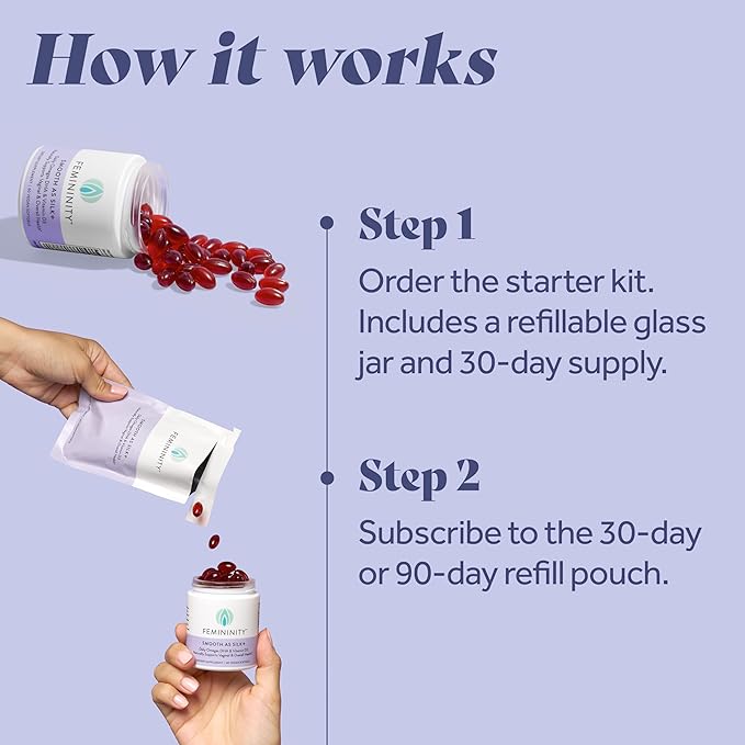 Femininity Smooth as Silk+ 30-Day Starter Kit for Vaginal Dryness (60 Softgels &amp Refillable Glass Jar) – Blend of Sea Buckthorn Oil Vitamin D3 and Plant-Based Omega-3 DHA