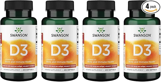 Swanson Vitamin D3 5000 IU Bone Immune and Heart Health Supplement for Sun-Deprived Adults Seeking Bone Immune and Heart Support - 125 mcg Cholecalciferol (250 Softgels 4 Pack)