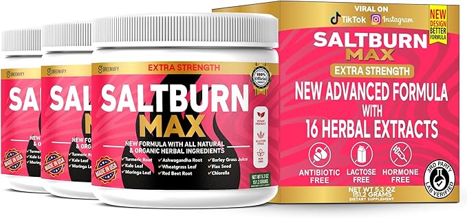 SaltBurn Max Extra Strength Natural Supplement with Organic Herbal Ingredients Turmeric Moringa Wheatgrass 28 Servings 6.3 oz (3)