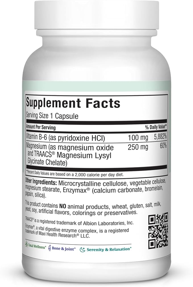 Maxi Health MAG 6 - Magnesium (as Oxide Glycinate) with Vitamin B6 - Migraine Muscle Cramps Kidney Stone Support - Magnesium Supplement for Women &amp Men - 120 Capsules - Kosher
