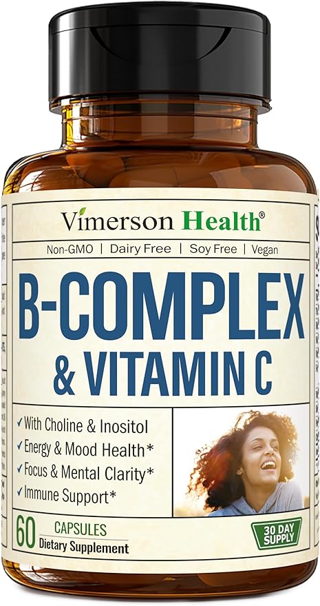 Vitamin B Complex with Vit C &amp Folic Acid (Folate) - 8 High Potency B Vitamins: B1 B2 B3 B5 B6 B7 Vitamin B12 + Biotin Choline &amp Inositol. Aids Mood Energy Nervous System &amp Immune