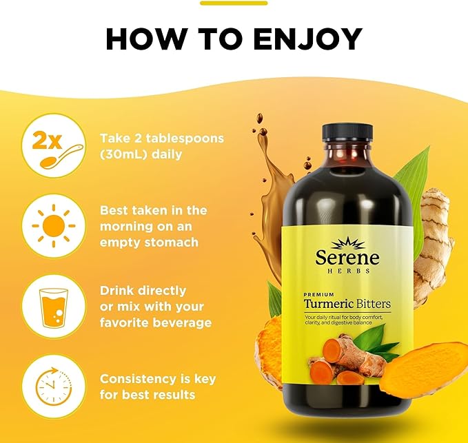 Serene Herbs Liquid Turmeric with Black Pepper - Turmeric Shots Curcumin Supplement 1000mg Extra Strength Herbal Drink Digestive Bitters for Bloating Relief Joint Health Energy &amp Clarity - 16oz