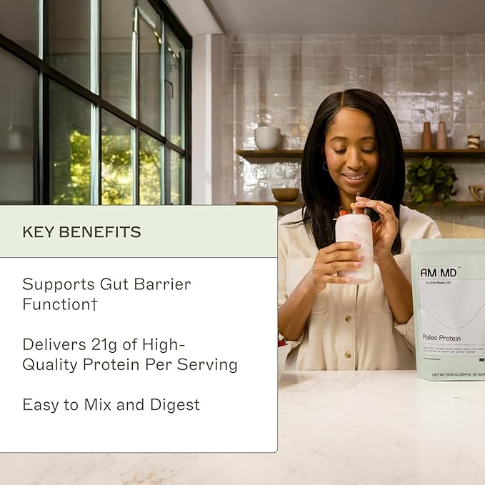 Amy Myers MD Paleo Protein Powder - Strawberries &amp Cream 20 Servings - Collagen-Based Gut Function Support - Gluten-Free &amp Non-Dairy Protein Supplement