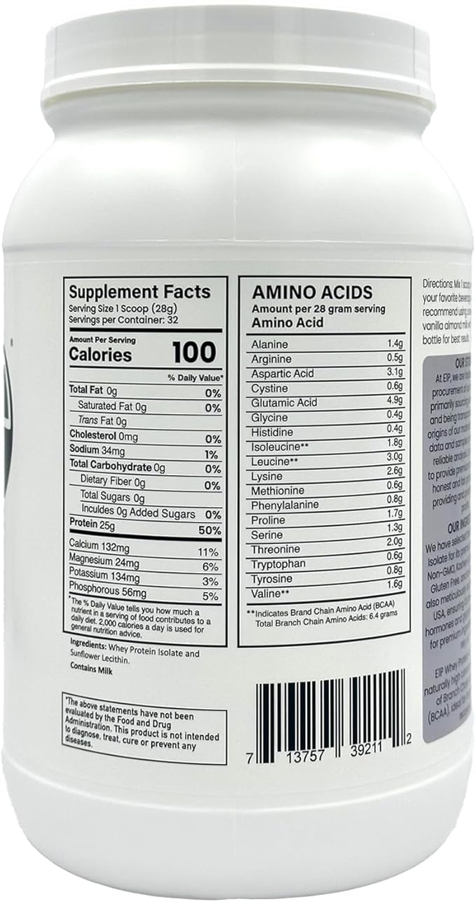 Whey Protein Isolate 2lbs (32 Servings) Unflavored Non-GMO Cold-Processed Non-Denatured Third-Party Lab Tested. Made with Halal and Kosher Certified Ingredients.