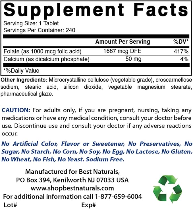 Best Naturals Vitamin B1 as Thiamine Mononitrate 100 mg &amp Folic Acid 1000 mcg