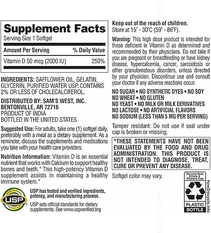 Members Mark Vitamin D3 (400 Count.) 2000 IU (50 mcg) Immune &amp Bone Health Support Non-GMO Gluten-Free