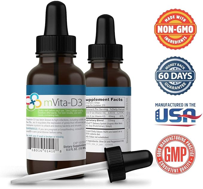 New Premium Vitamin D3 with K2 Liquid Drops – Includes Organic Aloe Vera Goji for Absorption – Supports Immune &amp Bone Health – 4833 IU of D3 &amp 63mcg of K2 MK7 Per Serving