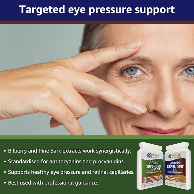Vision Defender A.M.D. Plus &amp BP Eye Care Bundle – Advanced Eye Supplements with AREDS2 (Lutein Zeaxanthin Vitamin C &amp E Copper Zinc) Plus Meso-Zeaxanthin Bilberry Pine Bark. Made in UK