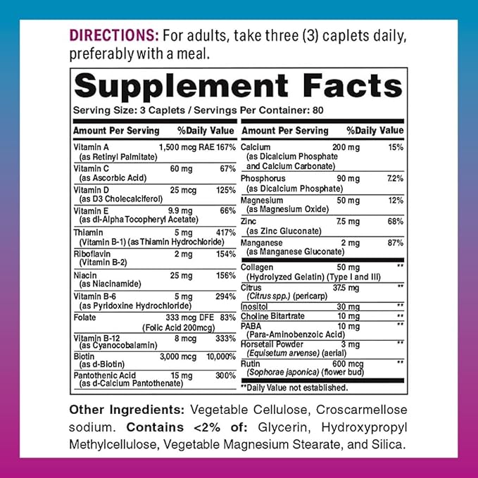 Vitamin World Hair Skin and Nails Formula 240 caplets Type I and III Collagen 3000mcg Biotin Antioxidant Coated Gluten Free