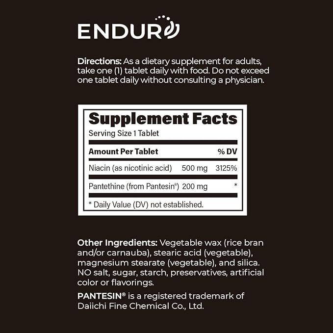 ENDUR-Thine Niacin – Pantethine Heart &amp Liver Health Supplement Efficient Formula for Optimal Absorption Gluten Free 500mg (90 Tablets)