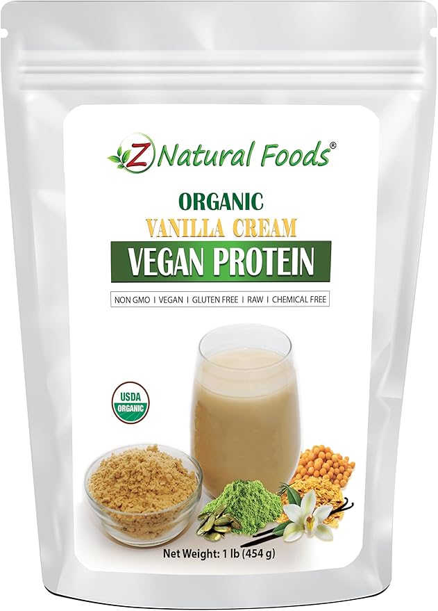 Z Natural Foods Organic Vanilla Cream Vegan Protein Powder Vanilla Flavored Vegan Protein Supplement All Natural Vegan Non-GMO 1 lbs