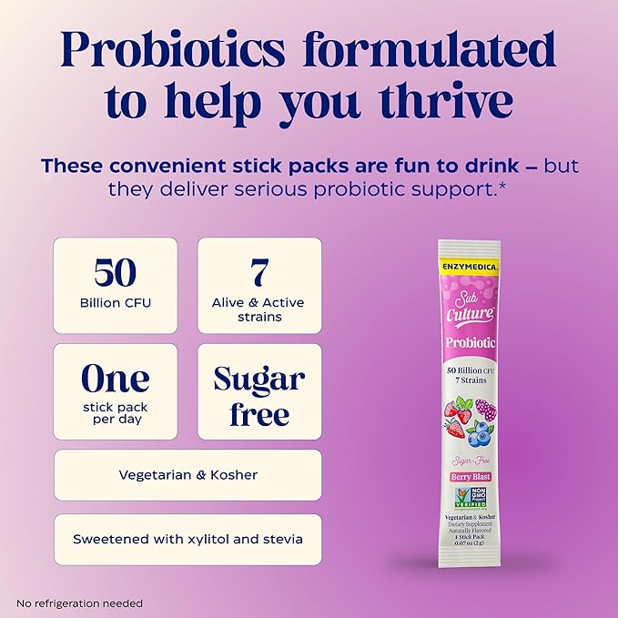 Enzymedica SubCulture Berry Blast Probiotic Powder Daily Drink Supports Gut Health &amp Immune Function Probiotics for Women and Men Sugar-Free 20 Stick Packs