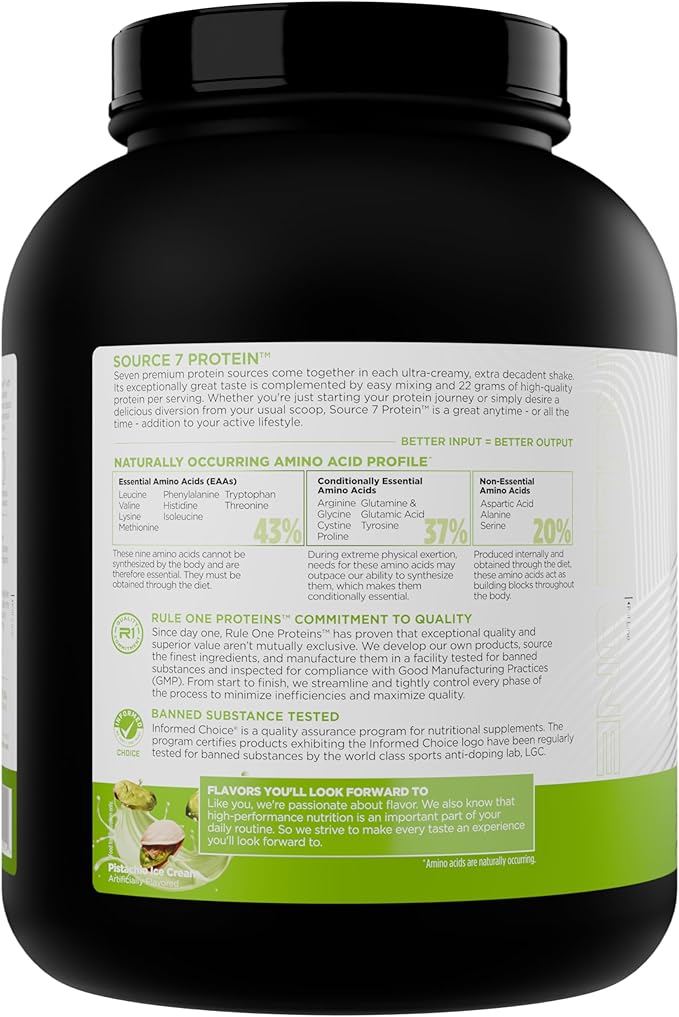 Rule 1 Source 7 Protein – Decadent Flavor Velvety Smooth Texture 22g Anytime Protein and 10g Naturally Occurring EAAs Per Serving from 7 Premium Sources (4 Pounds* Pistachio Ice Cream)