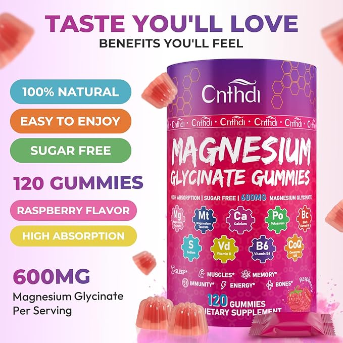 Magnesium Glycinate Gummies 600mg High Absorption Magnesium Supplement with CoQ10 D3 B6 Pure Sugar Free Chewables Gummies for Women &amp Men Support Relax Stress Muscle &amp Bone Raspberry 1