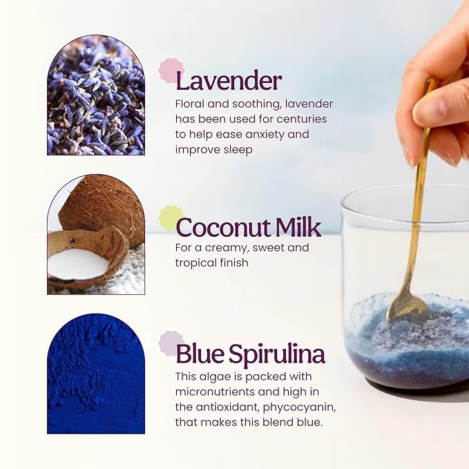 Blume Blue Lavender Superfood Latte Powder – Organic Lavender Tea Powder Blue Spirulina Blue Butterfly Pea Flower Tea Chamomile Coconut Milk - Caffeine Free Vegan 1g Sugar - 25 Servings