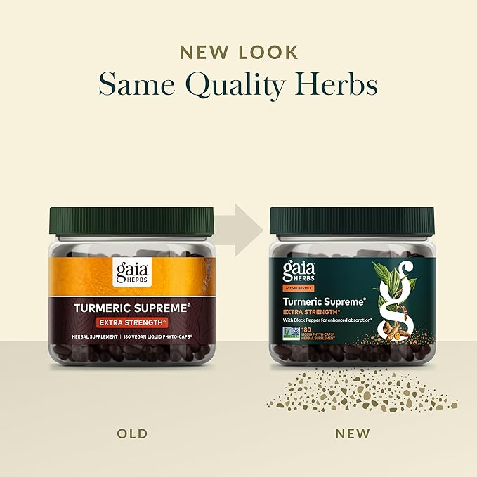 Gaia Herbs Turmeric Supreme Extra Strength - Supports Occasional Discomfort from Normal Wear &amp Tear* - with Turmeric Curcumin &amp Black Pepper - 180 Vegan Liquid Phyto-Caps (Up to 180 Servings)