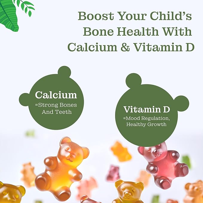 Kids Calcium &amp Vitamin D Gummies for Healthy Bones Stronger Teeth and Growth Vegan Delicious Mango &amp Strawberry Flavor 60 Chewable Gummies Certified Vegan by The Vegan Society of UK