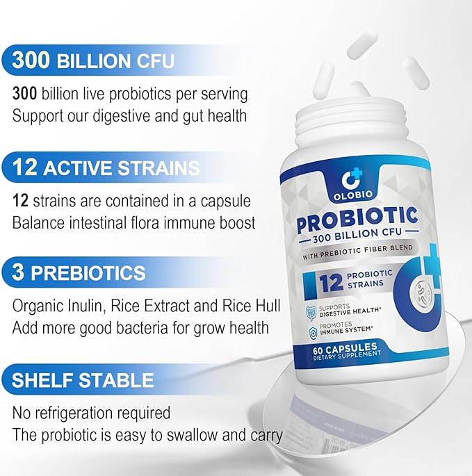 300 Billion CFU Probiotic 12 Strains with 3 Organic Prebiotics Probiotics for Women and Men Daily Supplement for Digestive Immune Gut &amp Bloating Health Shelf Stable Vegan 120 Capsule