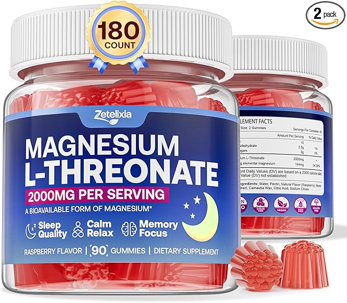 180 Count | 2 Pack Magnesium L-Threonate Gummies 2000mg Magnesium Threonate Supplement for Adults &amp Kids Support Cognition Restful Sleep &amp Muscle Health Sugar Free Vegan Non-GMO