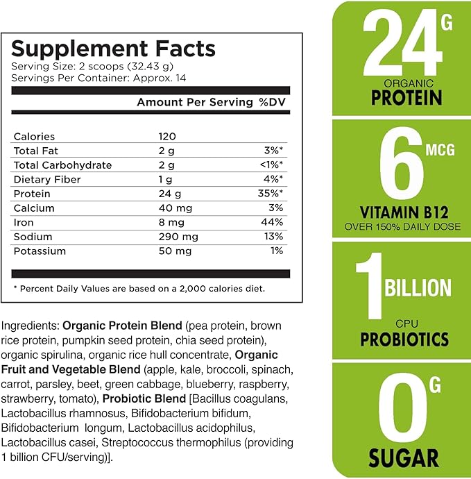 Plantvital Unflavored Organic Vegan Protein Powder - 15 Superfoods Veggies and Probiotics - Organic Plant-Based Protein Powder - All BCAA’s Gluten Free - 16oz -1 Pouch