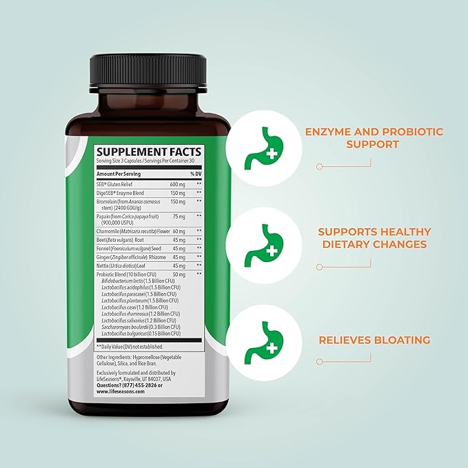 LifeSeasons Digestivi-T - Digestive Enzymes &amp 10 Billion CFU Probiotic Supplement - Supports Gut &amp Immune Health - Bloating &amp Digestion Relief for Women &amp Men - 90 Capsules