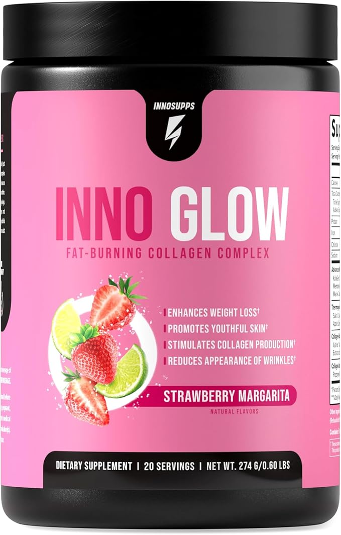 InnoGlow Multi Collagen Peptides Powder for Weight Loss - Thermogenic Fat Burner and Anti Aging Collagen Powder for Women - Hair Skin Nails Joint Support - 20 Servings (Strawberry Margarita)