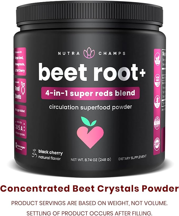 NutraChamps Beet Root Powder Circulation Supplement Superfood Powder Nitric Oxide with Beetroot Juice Super Reds &amp Grape Seed Extract No Sugar Beet Supplement - 8.74 Oz