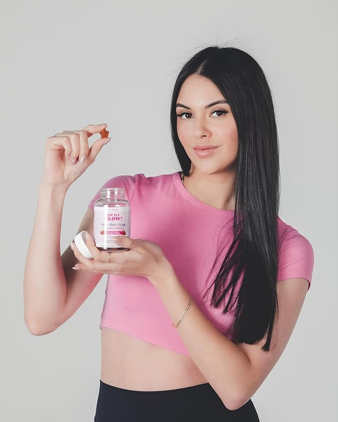 Oh My Glow! Hair Skin &amp Nails + Marine Collagen – Gluten-Free Non-GMO Gummies Raspberry Pomegranate