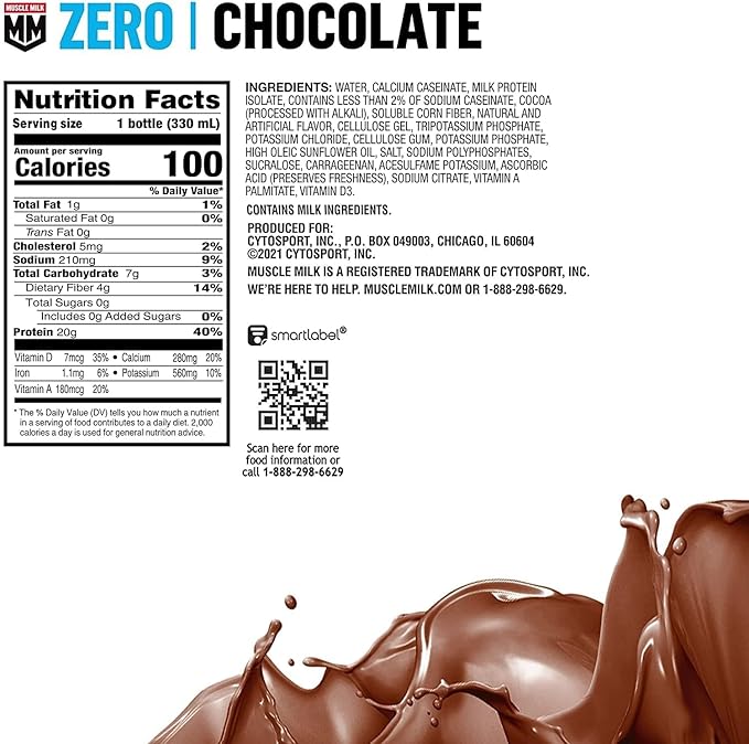 Muscle Milk Zero Protein ShakeChocolate20g ProteinZero Sugar100 CaloriesCalciumVitamins AC &amp D4g FiberEnergizing SnackWorkout RecoveryPackaging May Vary11.16 Fl Oz(Pack of 24)