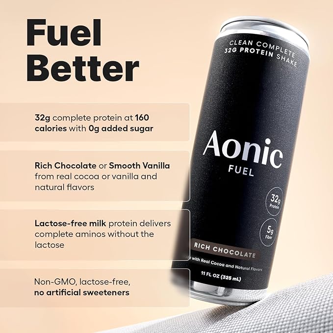 Aonic Fuel 32g Protein Shake 5g Fiber Lactose-Free Complete Amino Acid Profile No Added Sugar Made with Real Cocoa 11 fl oz (Pack of 12) - Rich Chocolate
