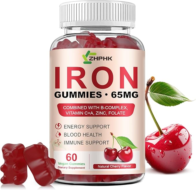 Iron Supplement for Women Men &amp Kids Iron 65mg &amp Vitamin C 250mg per Serving with B6 B12 Folate- Energy Support for Iron Deficiency Anemia Vegan Gummy Cherry Flavor 60 Count