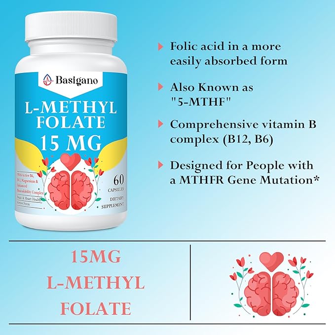 15mg L Methylfolate (5-MTHF)- Active Folic Acid-Enriched with Vitamins B6 and B12-60 Vegetarian Capsules - Non-GMO Gluten-Free
